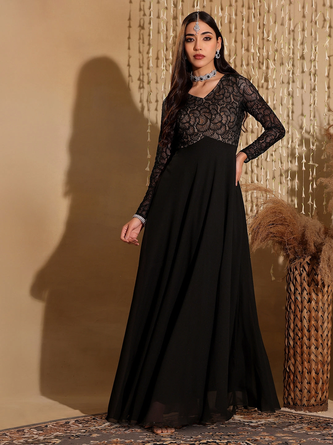 Women's Black V-Neck Full Sleeve Self Design Lace-Overlaid Georgette Maxi Dress Fit For All Edgy Layers