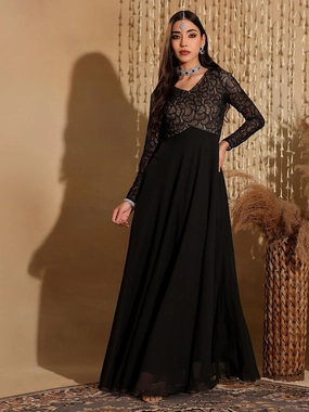 Women's Black V-Neck Full Sleeve Self Design Lace-Overlaid Georgette Maxi Dress Fit For All Edgy Layers