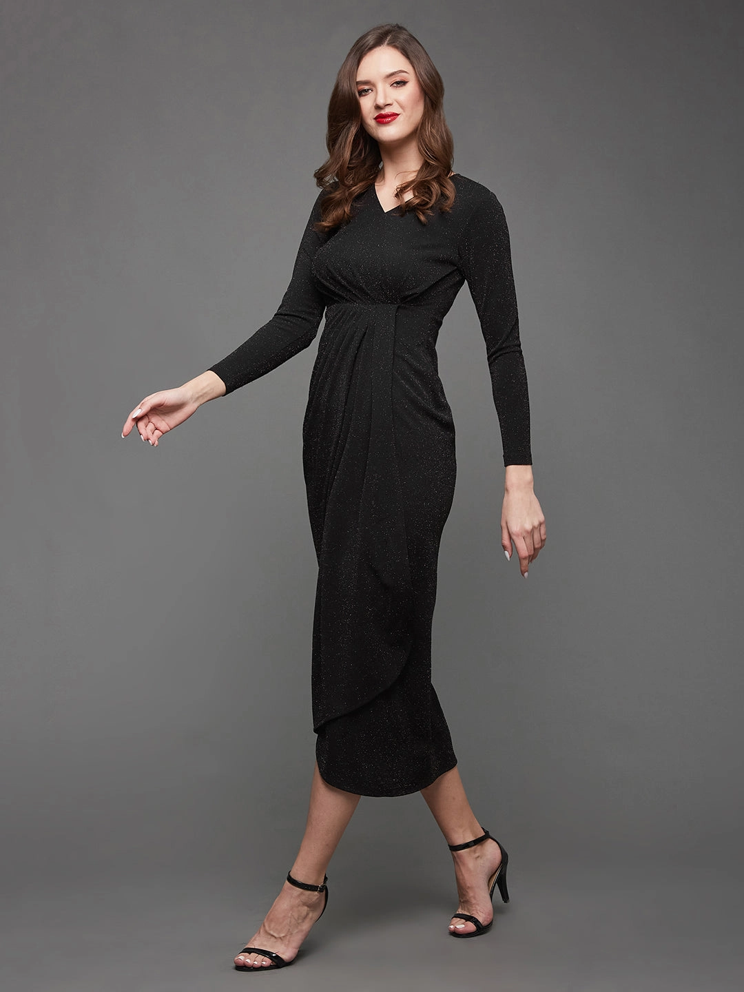 Velvet-Sleeve packable Women's Black V-Neck Full Sleeve Self Designed Wrap Midi Dress