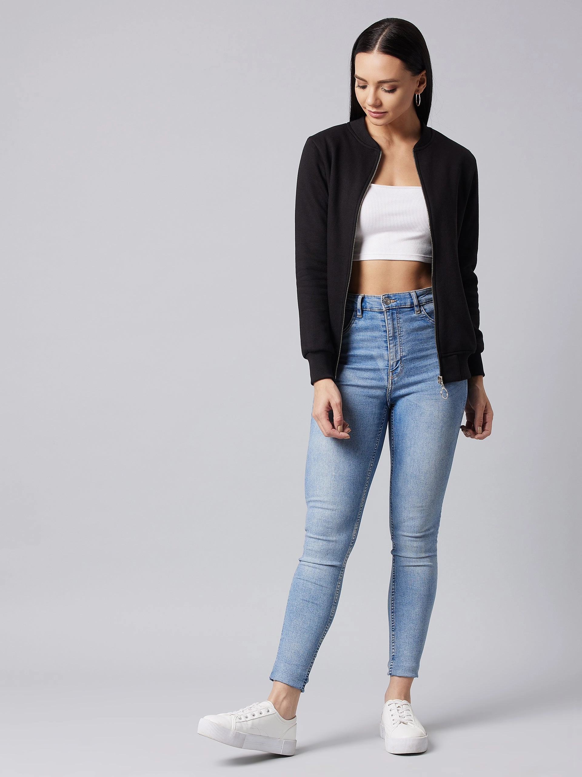 Women's Black V-Neck Full Sleeve Solid Bomber Regular Jacket Reinforced Elbows