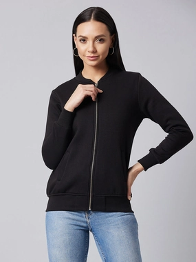 Women's Black V-Neck Full Sleeve Solid Bomber Regular Jacket RubberizedTrim