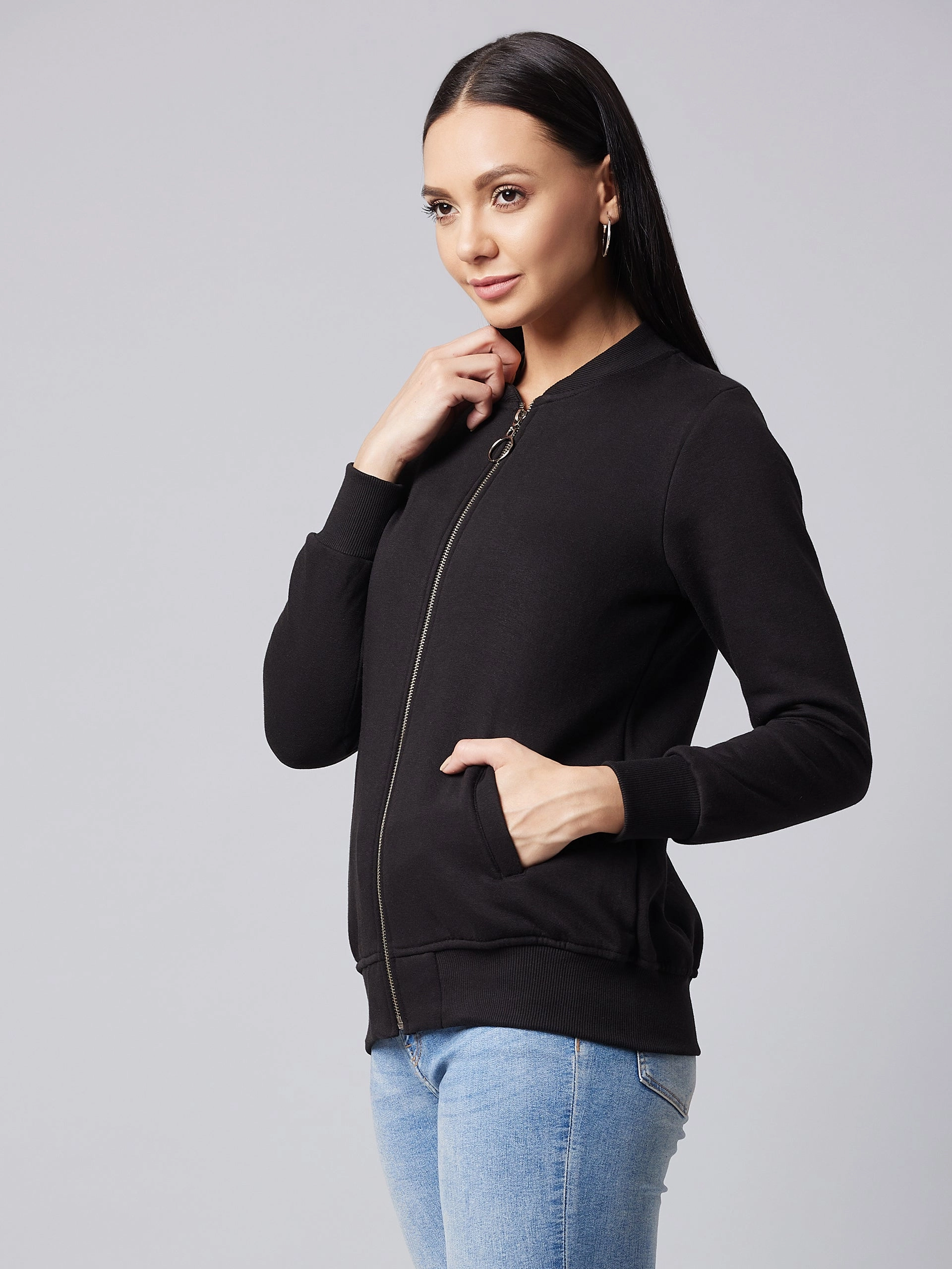 Rainy Day Option Women's Black V-Neck Full Sleeve Solid Bomber Regular Jacket