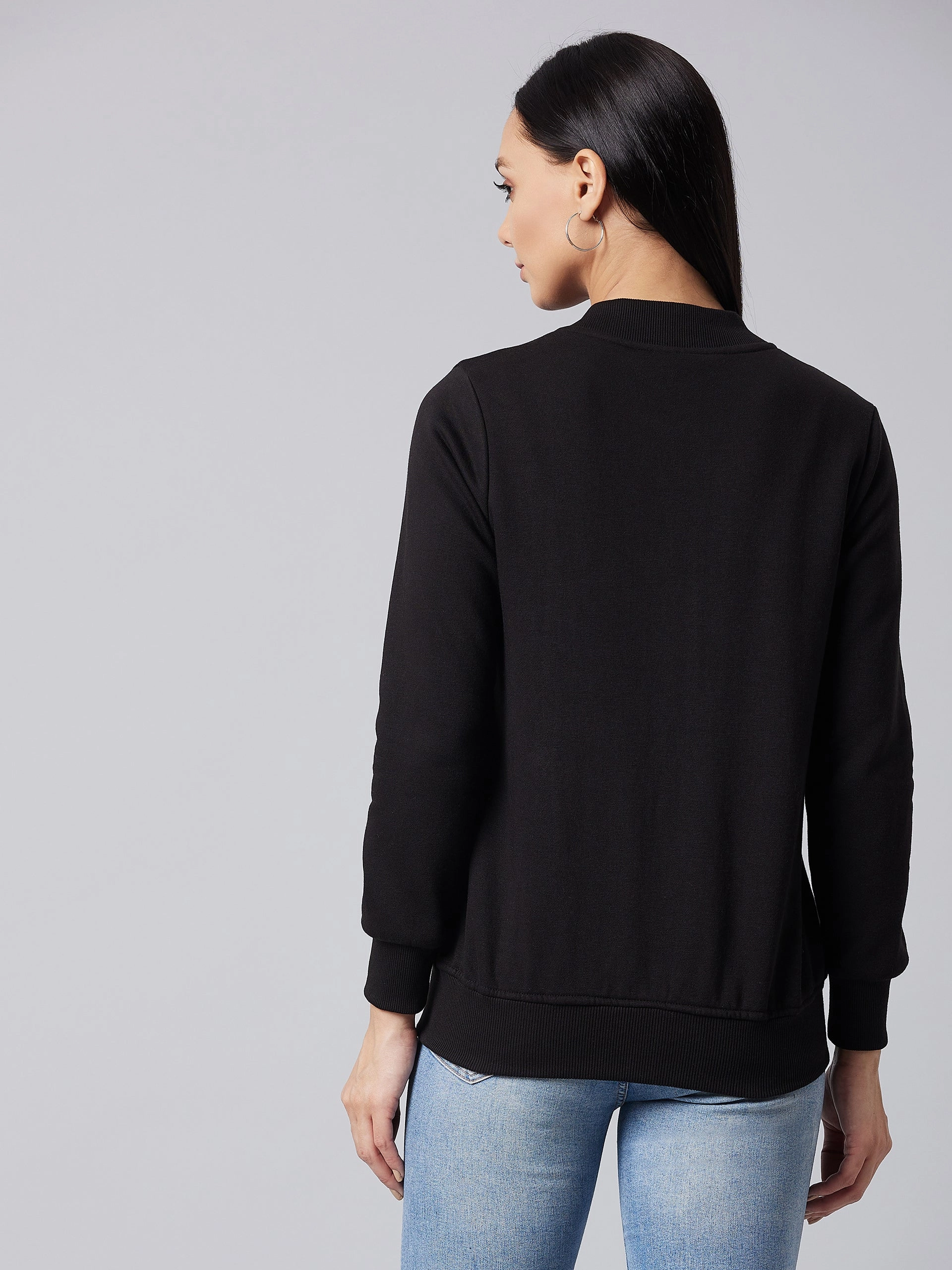 Travel Wardrobe Women's Black V-Neck Full Sleeve Solid Bomber Regular Jacket