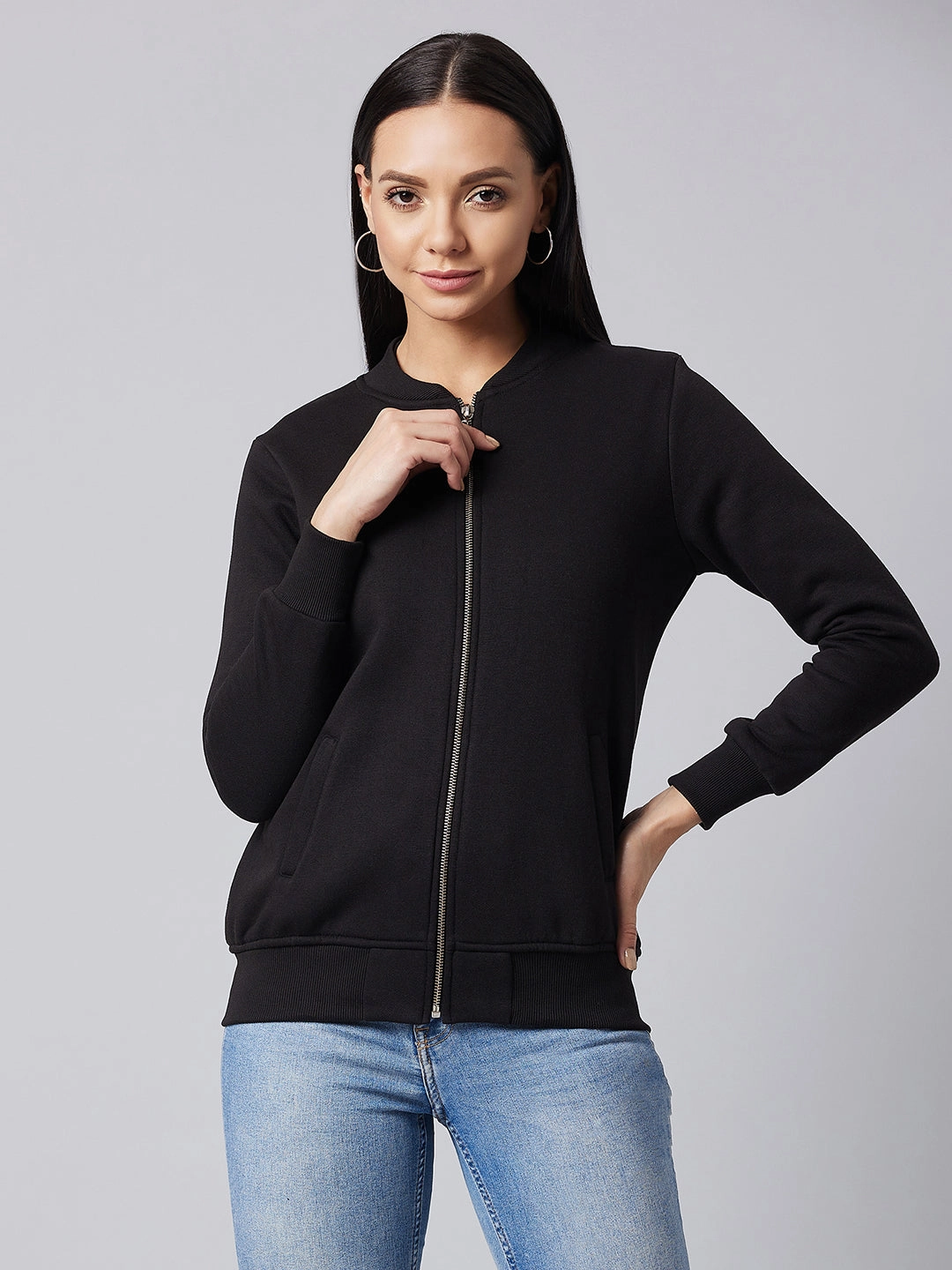 Women's Black V-Neck Full Sleeve Solid Bomber Regular Jacket RubberizedTrim