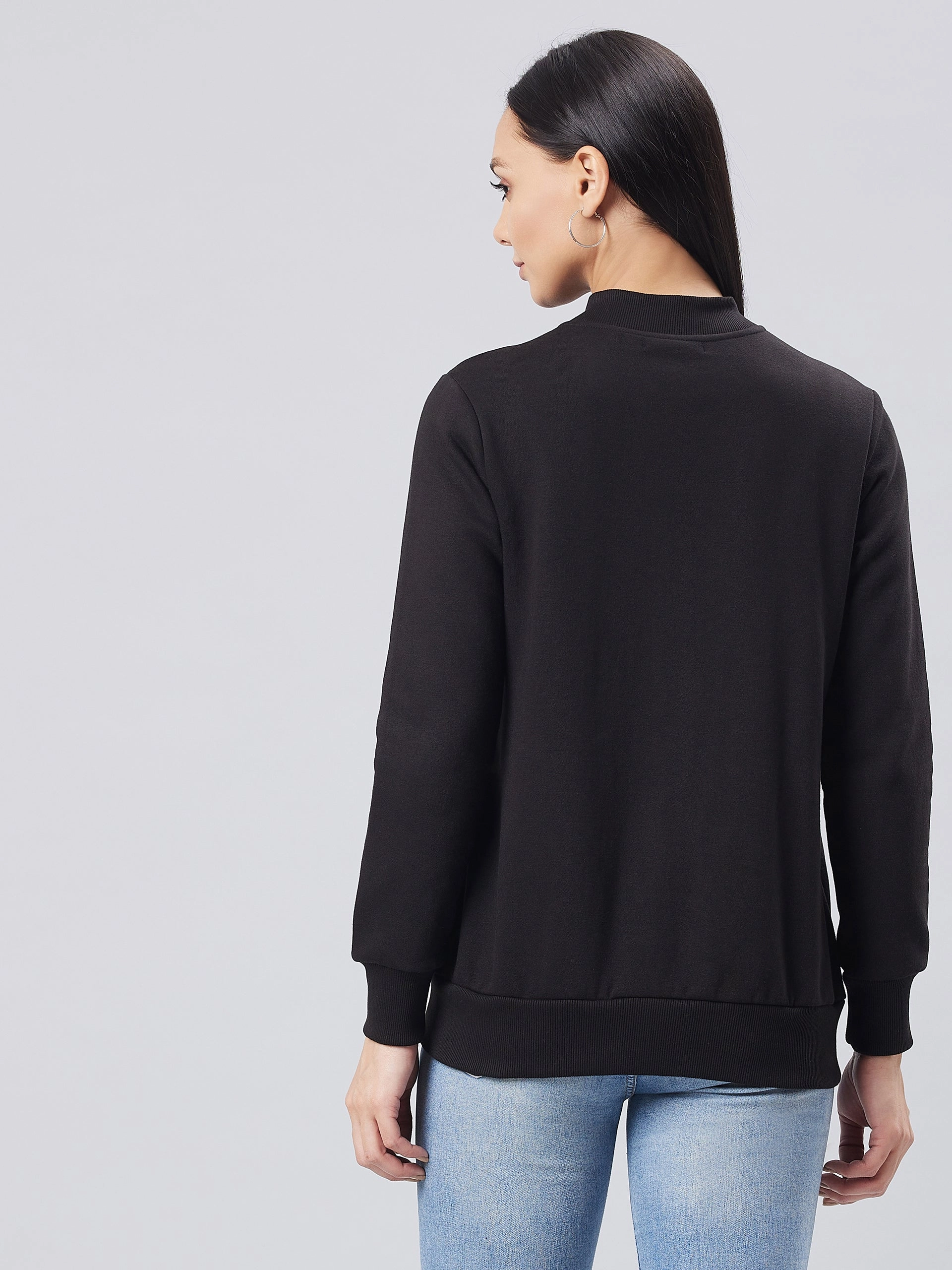 Women's Black V-Neck Full Sleeve Solid Bomber Regular Jacket Abrasion Proof Shoulders Friction Resistant