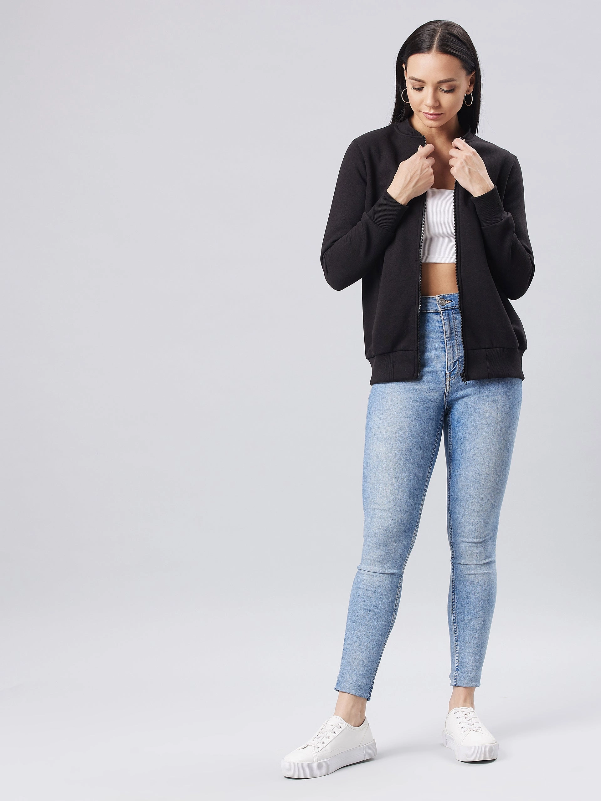 Compact Storage Strong Zip Women's Black V-Neck Full Sleeve Solid Bomber Regular Jacket