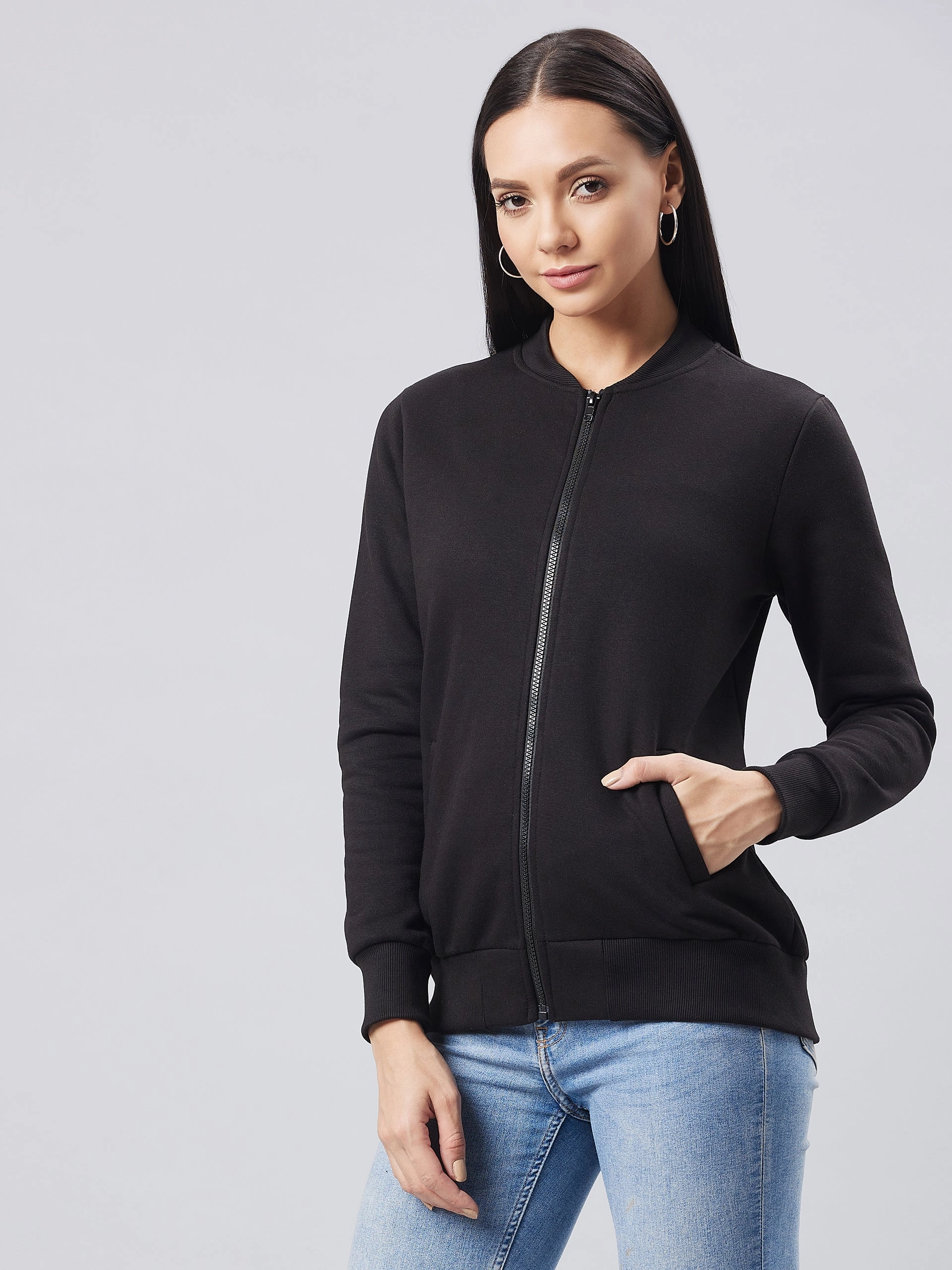 Simple Chill Piece Women's Black V-Neck Full Sleeve Solid Bomber Regular Jacket
