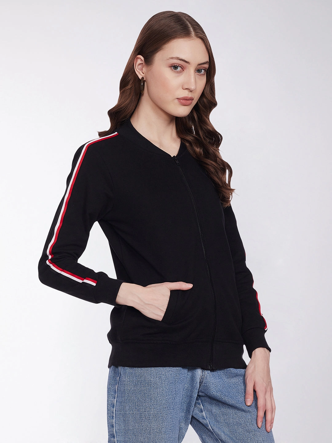 Functional Fit Women's Black V-Neck Full Sleeves Cotton Solid Zippered Twill Tape Detailing Bomber Jacket