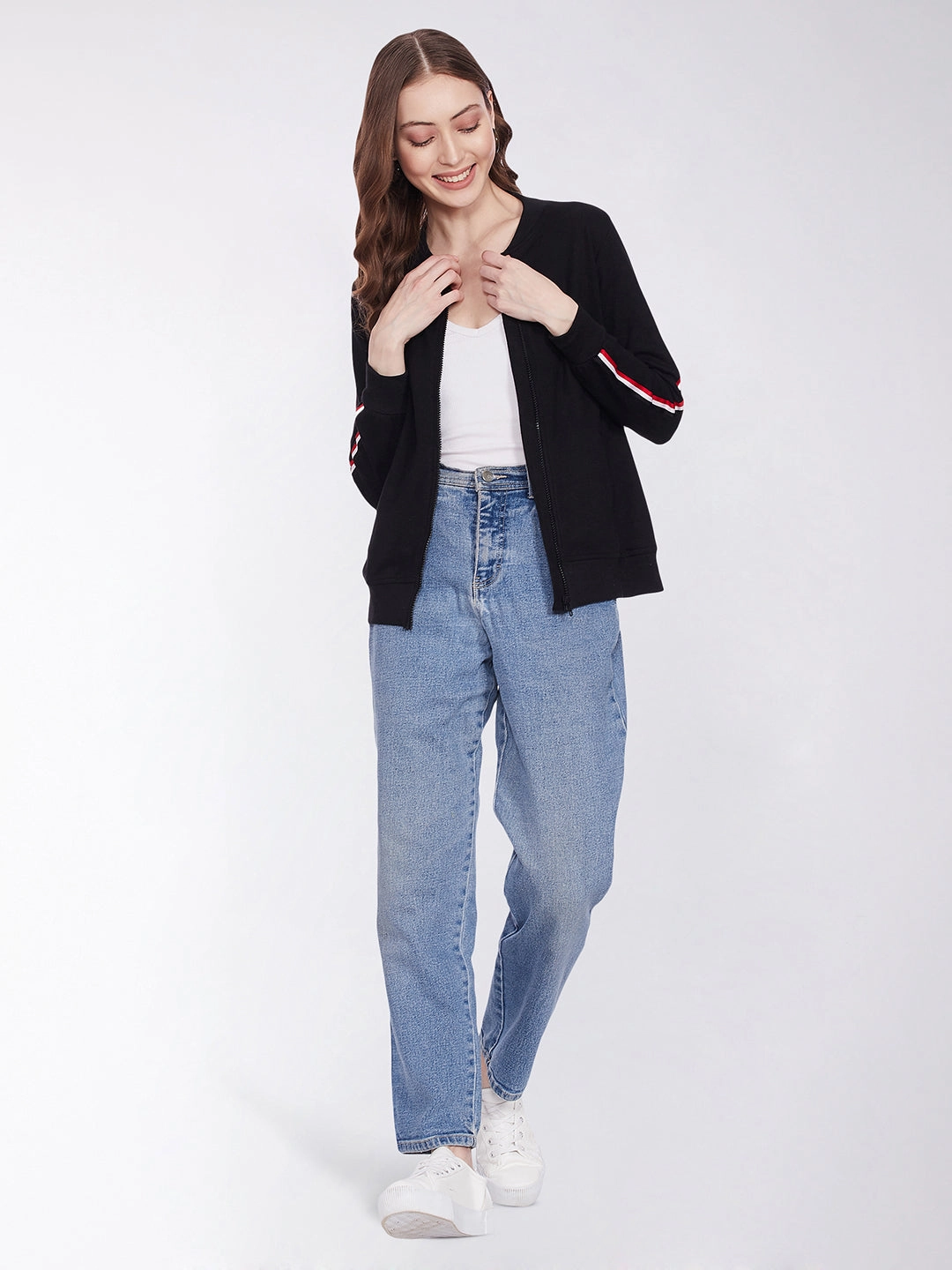 Women's Black V-Neck Full Sleeves Cotton Solid Zippered Twill Tape Detailing Bomber Jacket RipResistant Reinforcement