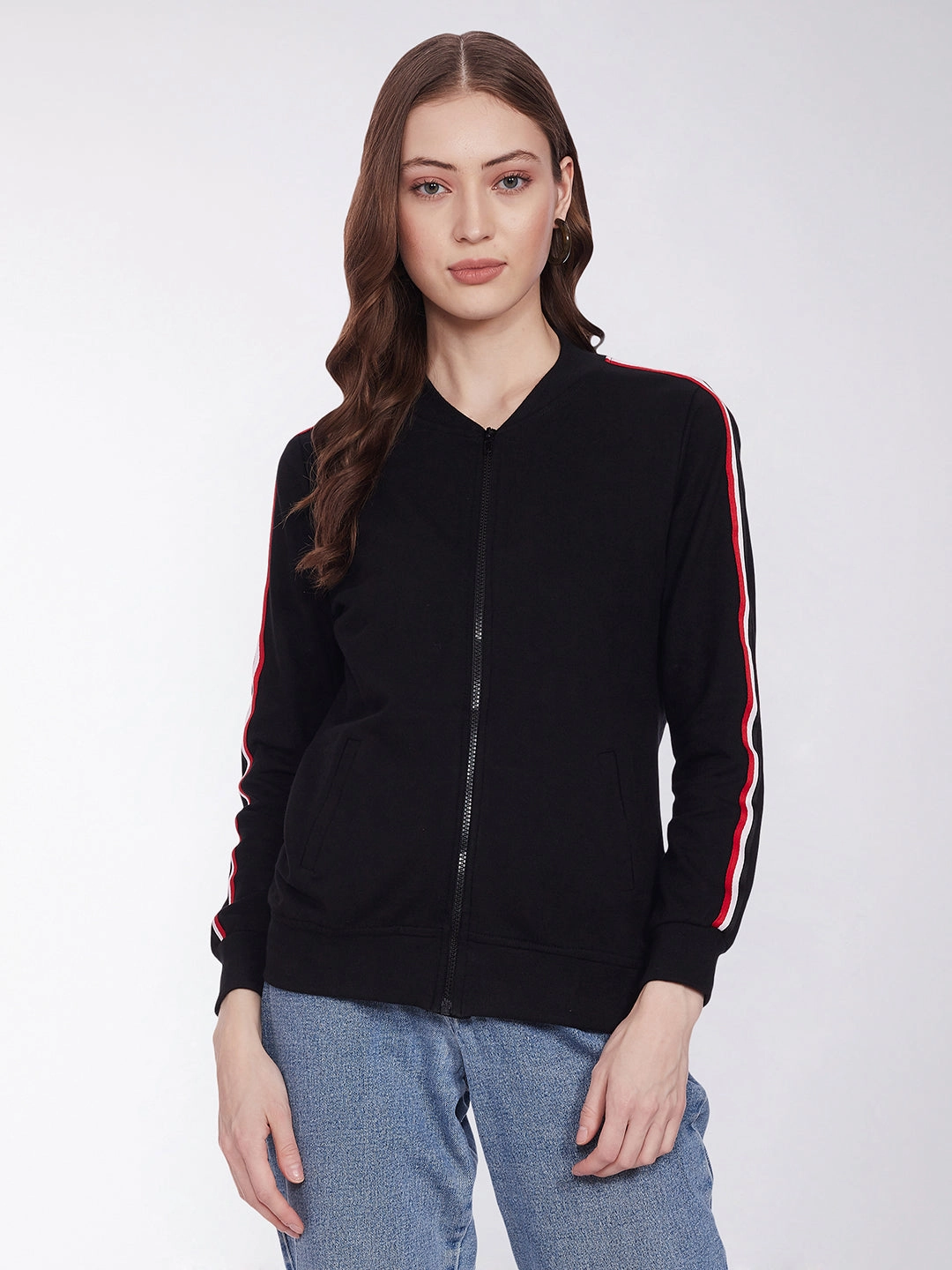 Women's Black V-Neck Full Sleeves Cotton Solid Zippered Twill Tape Detailing Bomber Jacket Modern Travel Look