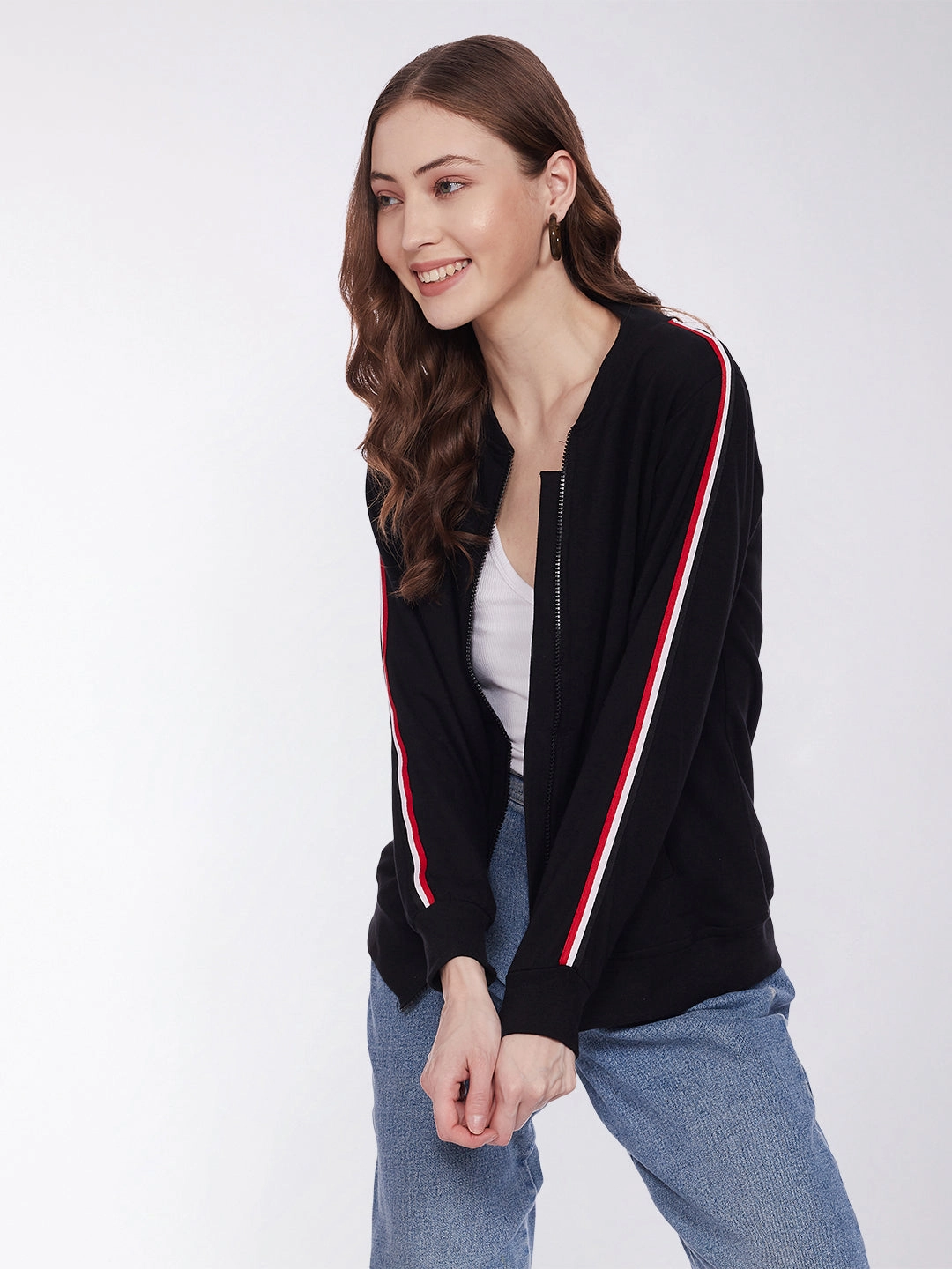 Warm Layer Option ContouredShoulderFit Women's Black V-Neck Full Sleeves Cotton Solid Zippered Twill Tape Detailing Bomber Jacket