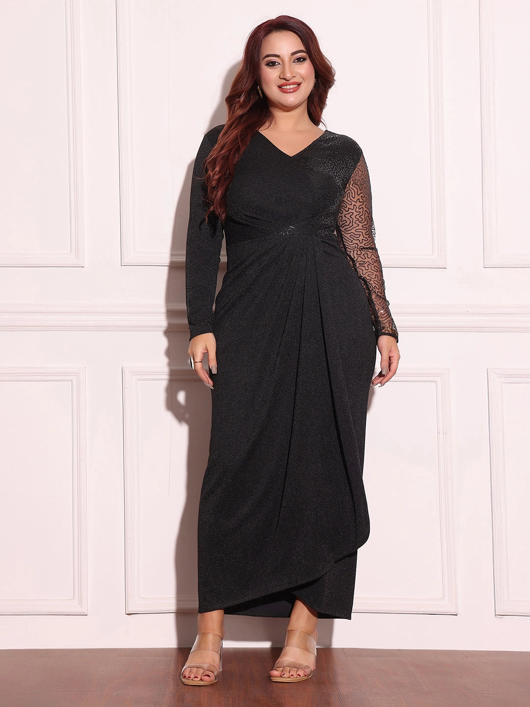 Light and breezy summer dress Bright Feel Women's Black V-Neck Full-Sleeves Embellished Pleated Longline Dress