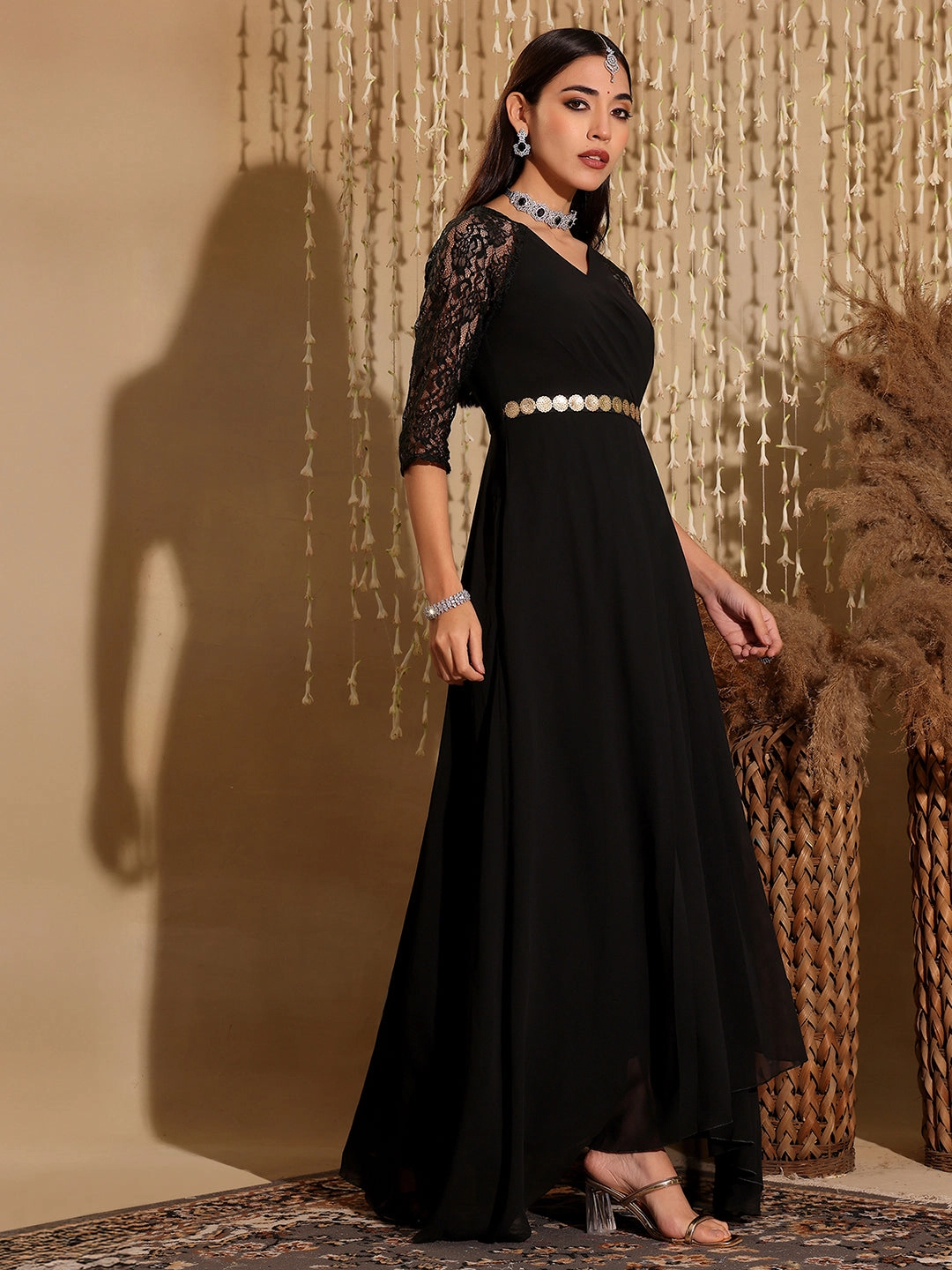 Women's Black V-Neck Raglan Embellished Wrap Maxi Georgette Dress Printed-Fabric