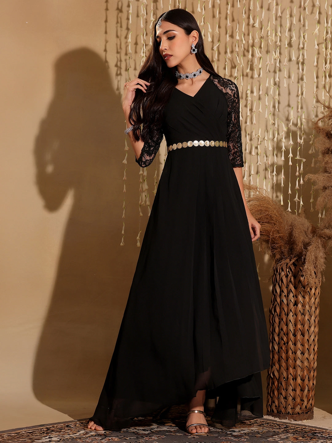 Women's Black V-Neck Raglan Embellished Wrap Maxi Georgette Dress High-waist Practical work-to-play piece