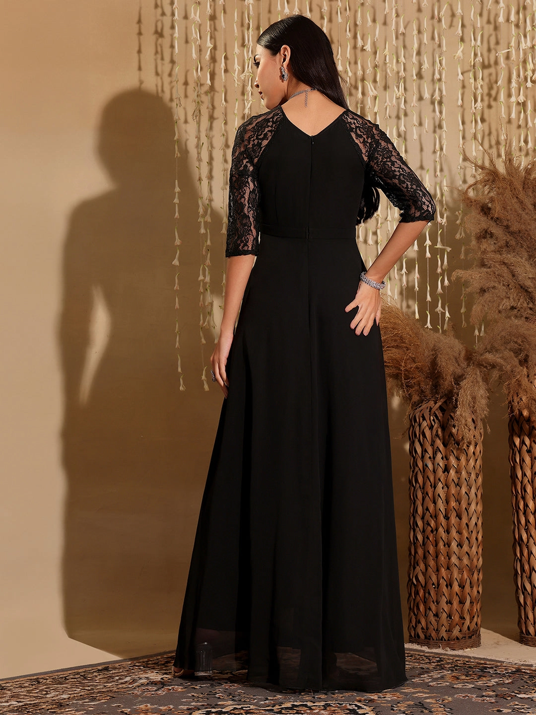 Casual and Stylish Women's Black V-Neck Raglan Embellished Wrap Maxi Georgette Dress