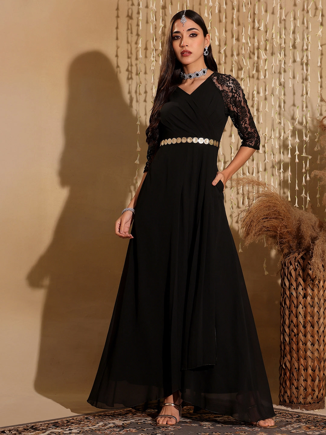 Women's Black V-Neck Raglan Embellished Wrap Maxi Georgette Dress Asymmetric-Neck
