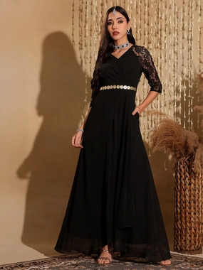 Women's Black V-Neck Raglan Embellished Wrap Maxi Georgette Dress Asymmetric-Neck