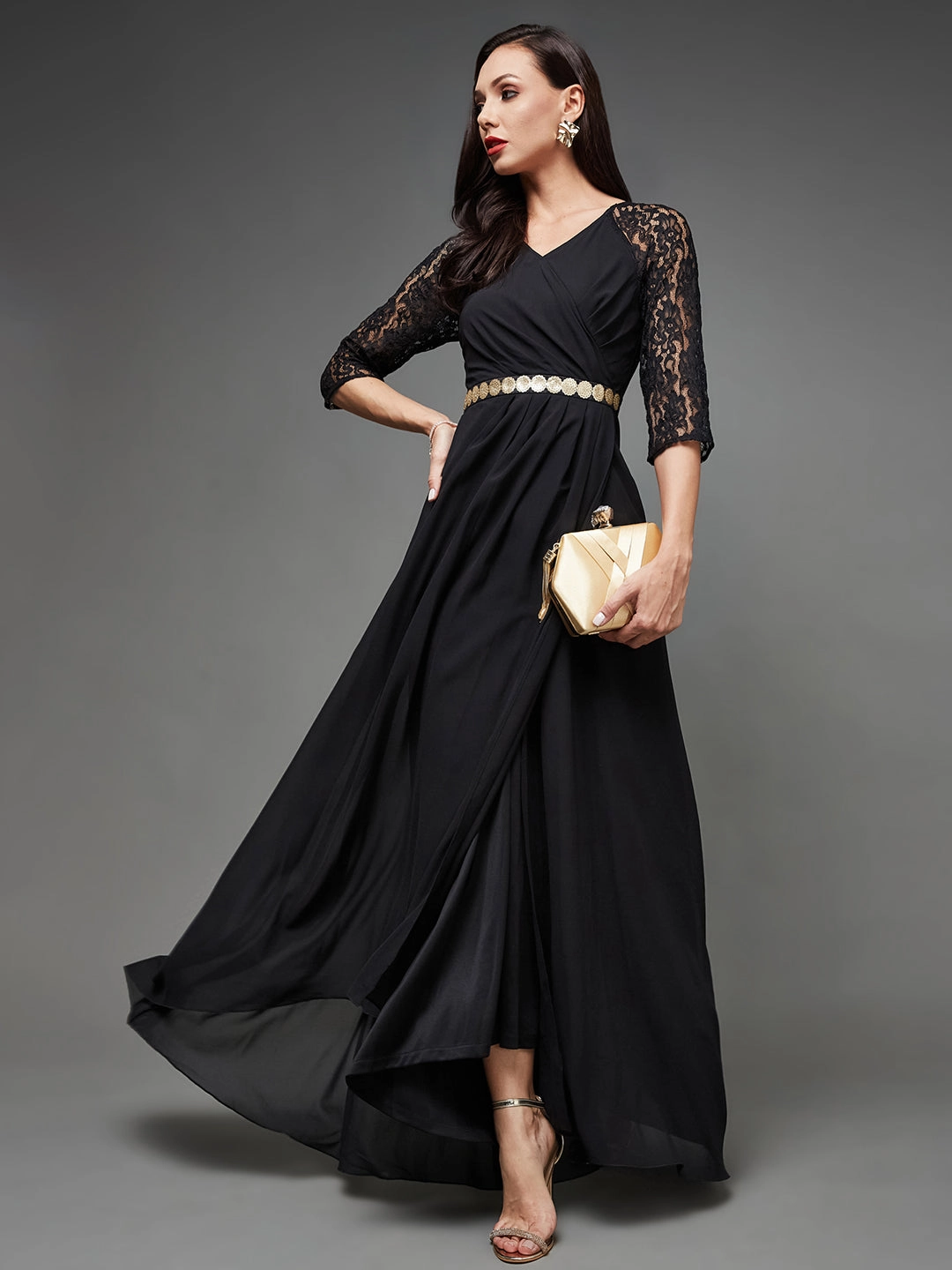 Skirt Flare effortless grace Women's Black V-Neck Raglan Embellished Wrap Maxi Georgette Dress