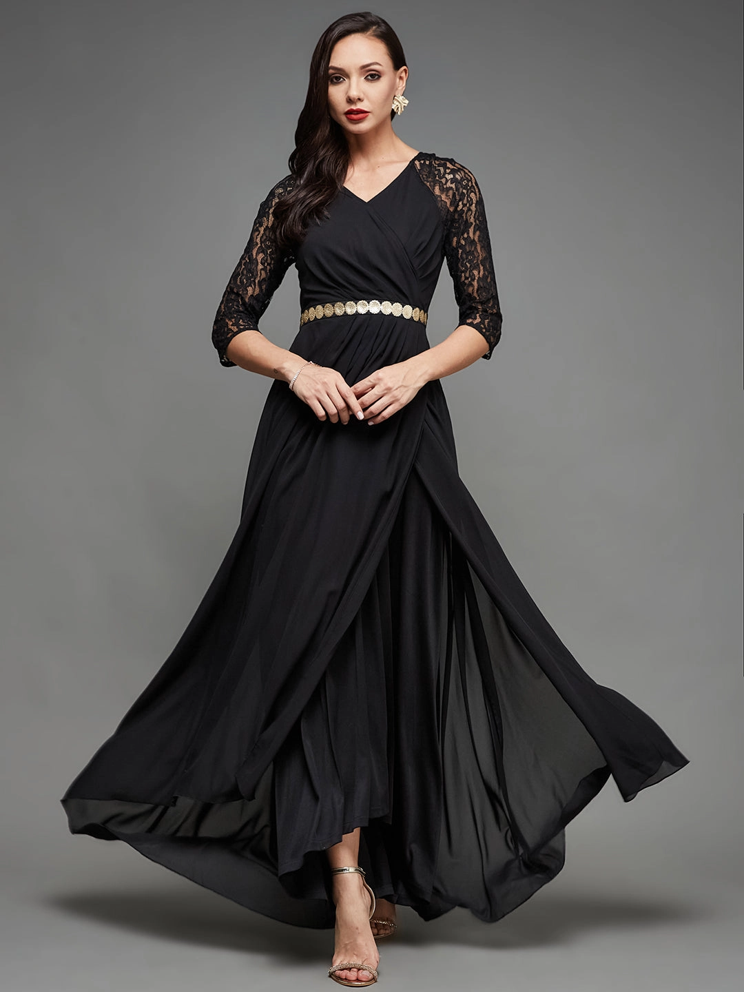 Breezy Style Women's Black V-Neck Raglan Embellished Wrap Maxi Georgette Dress