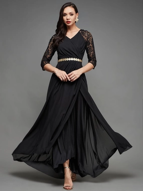 Breezy Style Women's Black V-Neck Raglan Embellished Wrap Maxi Georgette Dress