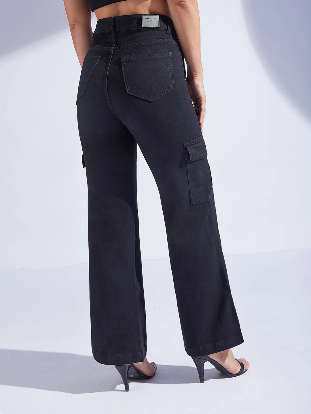 Women's Black Wide-Leg High-Rise Clean-Look Regular-Length Stretchable Denim Cargo Jeans Premium Look Permanent Crease Retention