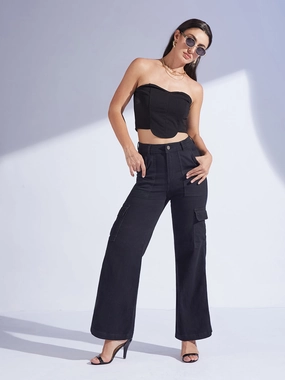 Family Style Casual Work Meeting Earthy Streetwear Fan Nature Lover Women's Black Wide-Leg High-Rise Clean-Look Regular-Length Stretchable Denim Cargo Jeans