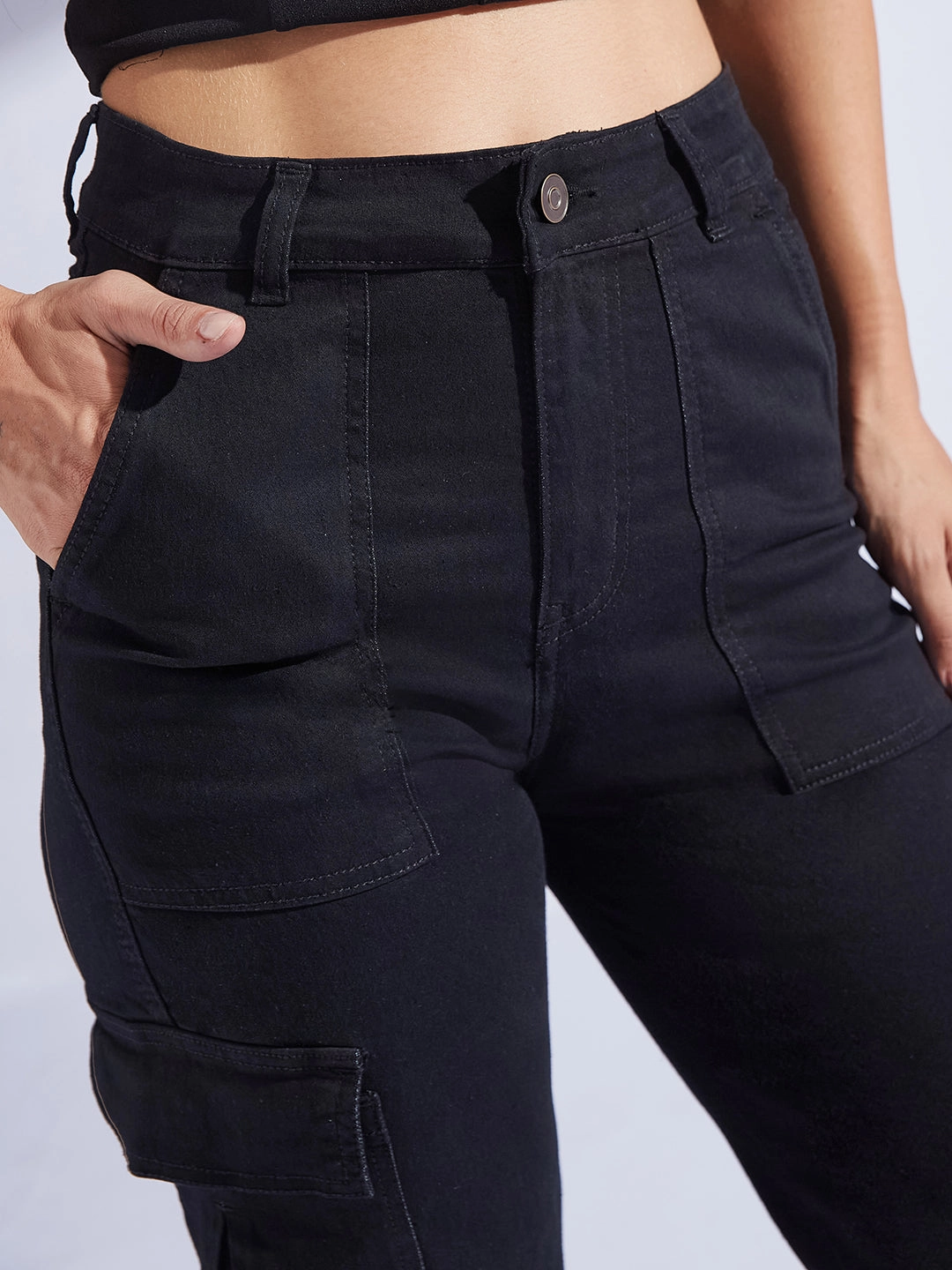 Outfit Plan Street Approved Women's Black Wide-Leg High-Rise Clean-Look Regular-Length Stretchable Denim Cargo Jeans