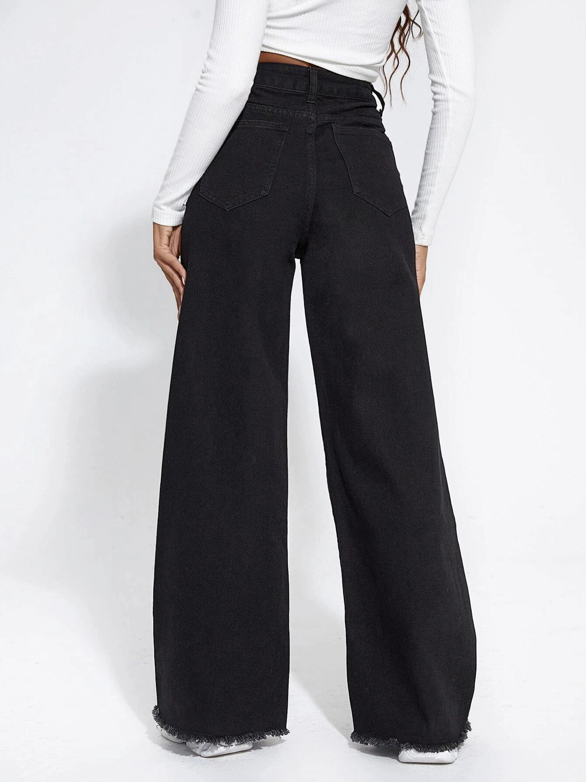 Women's Black Wide-Leg High-Rise Clean-Look Regular-Length Stretchable Denim Jeans Everyday Loose