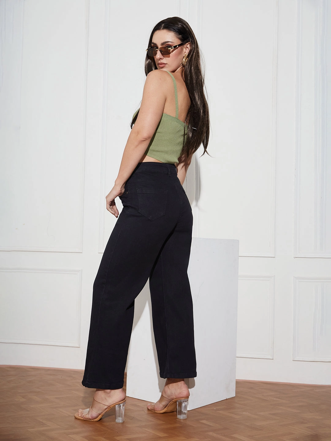 No Gap Waist Engineering Women's Black Wide-Leg High Rise Clean Look Regular-Length Stretchable Denim Jeans