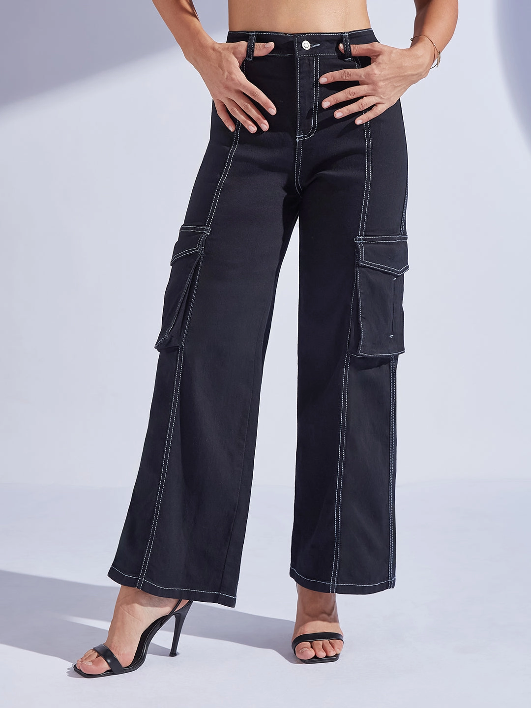 Durable Eco Friendly Style Combo Women's Black Wide-Leg High-Rise Clean-Look Regular-Length Stretchable Patch-Pocketed Denim Jeans