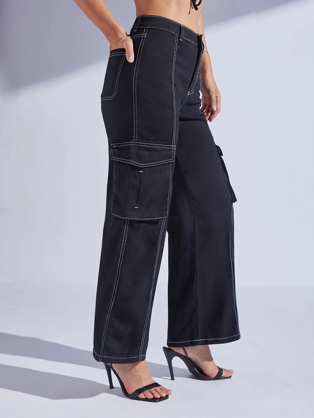 Morning Stroll Outdoor Adventure Date Night Fashion Fit Design Women's Black Wide-Leg High-Rise Clean-Look Regular-Length Stretchable Patch-Pocketed Denim Jeans