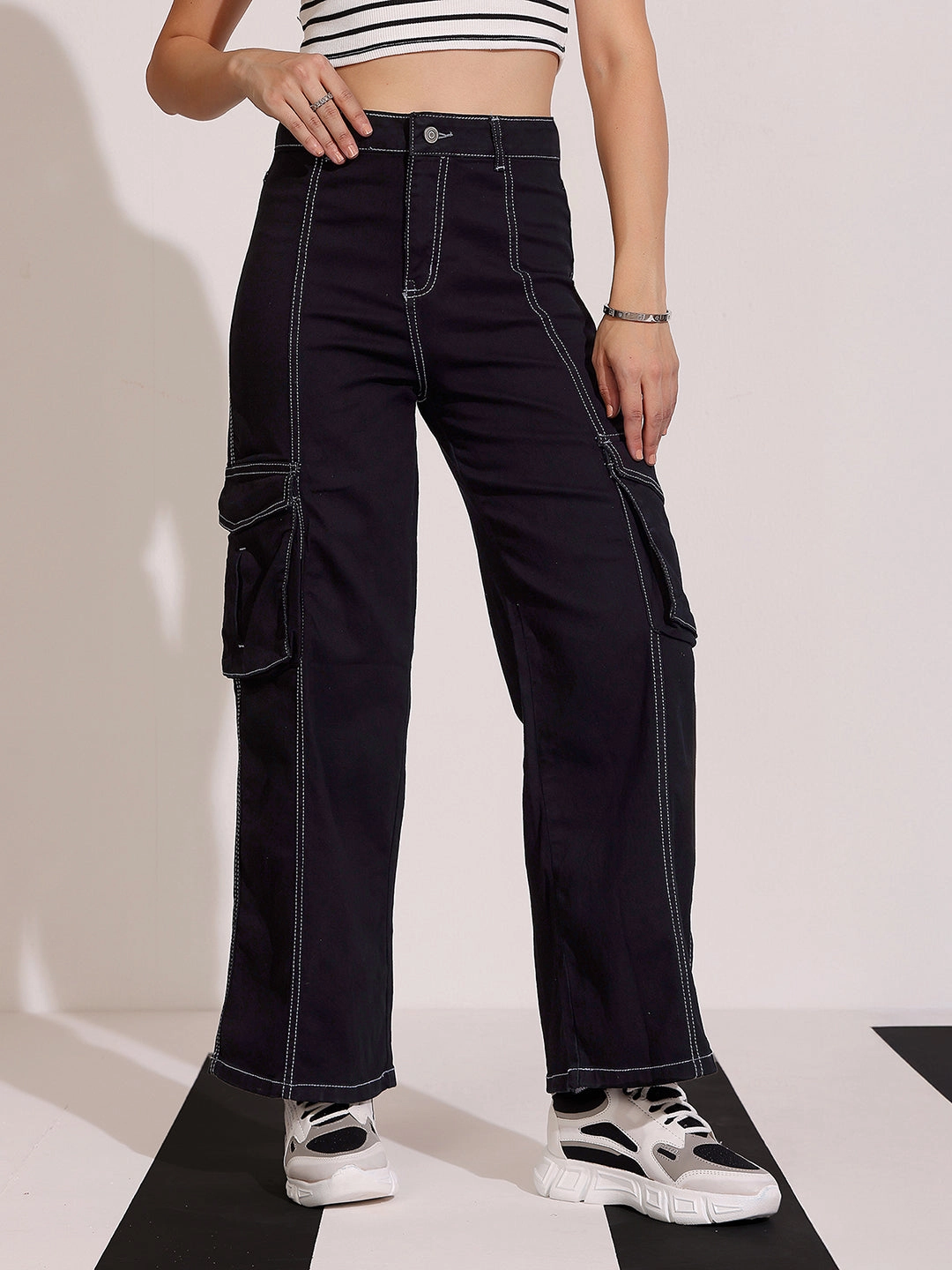 Women's Black Wide-Leg High-Rise Clean-Look Regular-Length Stretchable Patch-Pocketed Denim Jeans Versatile Design Year Rounder