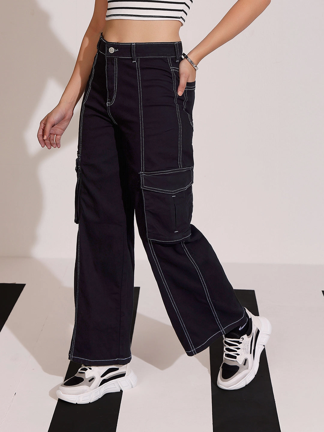Women's Black Wide-Leg High-Rise Clean-Look Regular-Length Stretchable Patch-Pocketed Denim Jeans Brunch Outfit Night Out Smart Basic