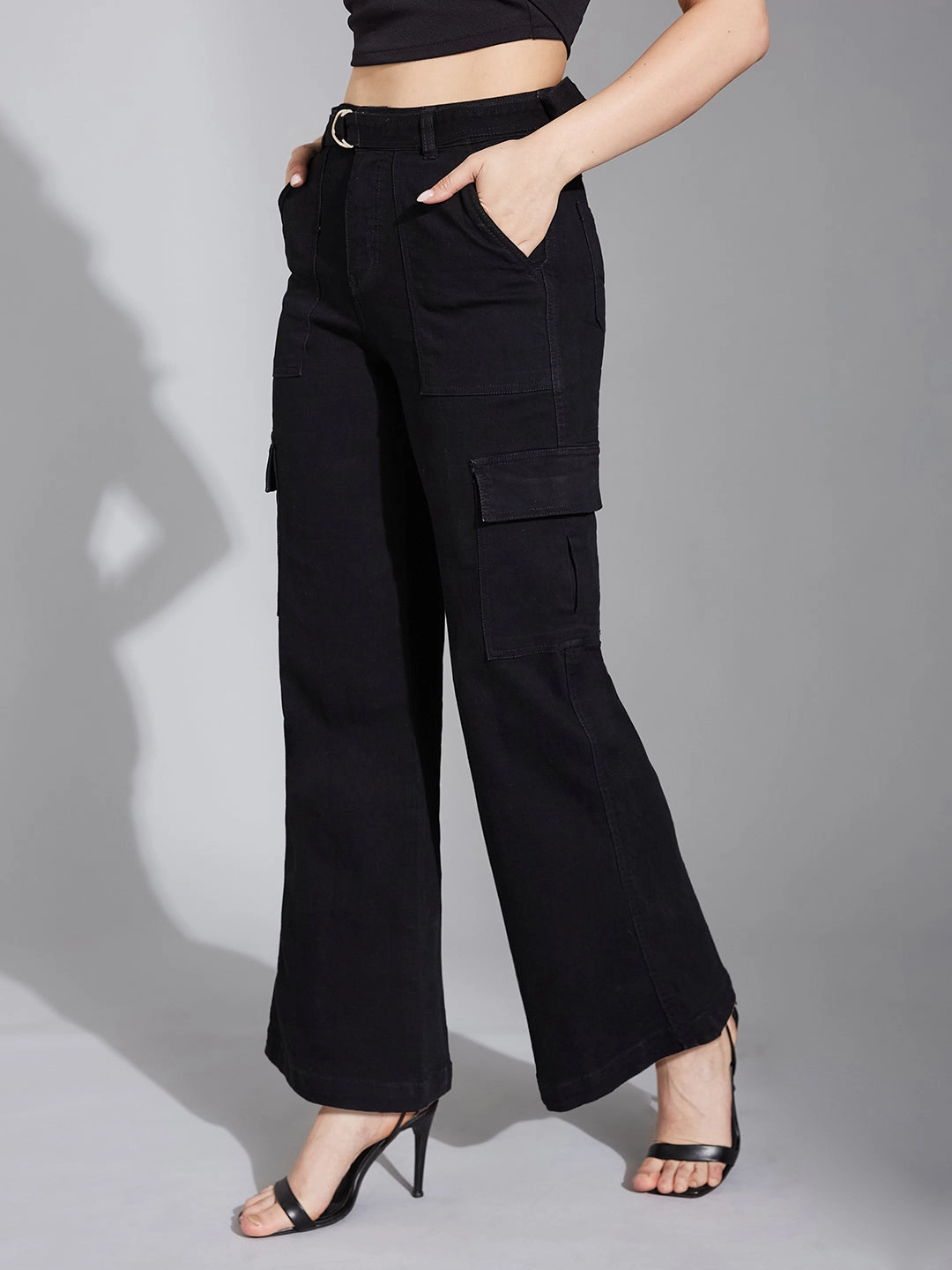 Classic Casual Women's Black Wide-Leg High-Rise Clean-Look Regular Stretchable Denim Jeans