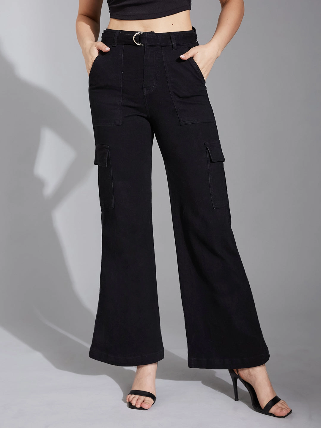 Women's Black Wide-Leg High-Rise Clean-Look Regular Stretchable Denim Jeans Moisture Wicking Technology