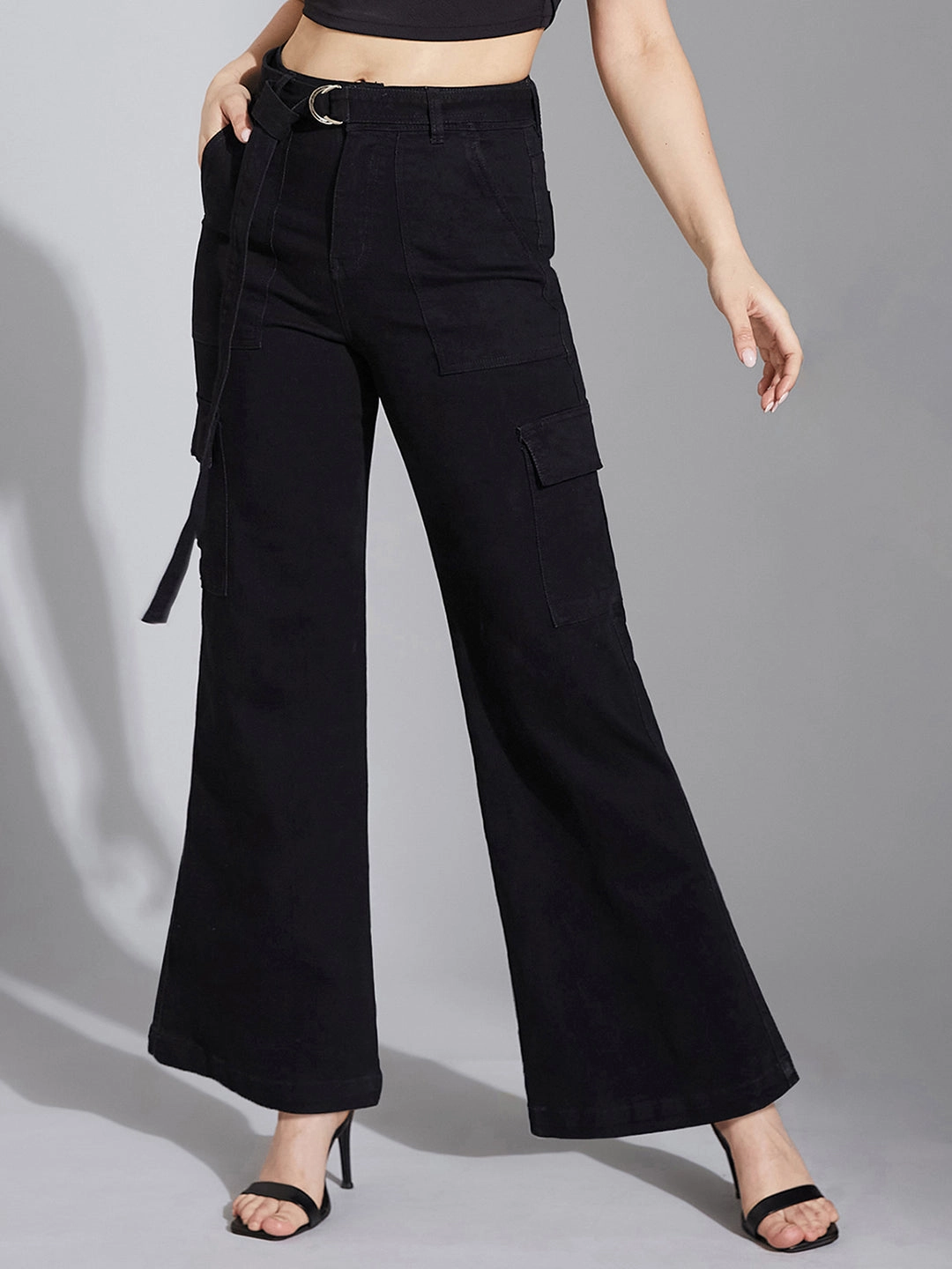 Women's Black Wide-Leg High-Rise Clean-Look Regular Stretchable Denim Jeans Utility Basic