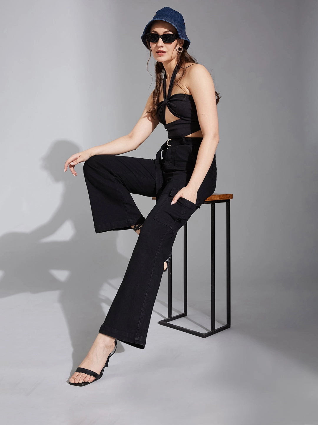 Women's Black Wide-Leg High-Rise Clean-Look Regular Stretchable Denim Jeans Holiday Vibes Athlete Fit