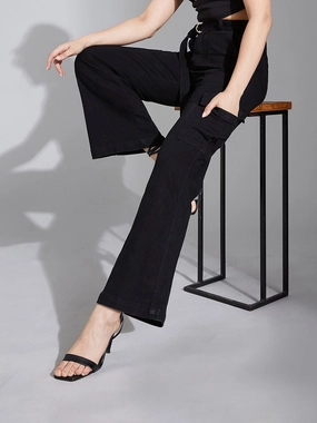 Women's Black Wide-Leg High-Rise Clean-Look Regular Stretchable Denim Jeans Outdoor Adventure Stylish Family Style Smooth Form