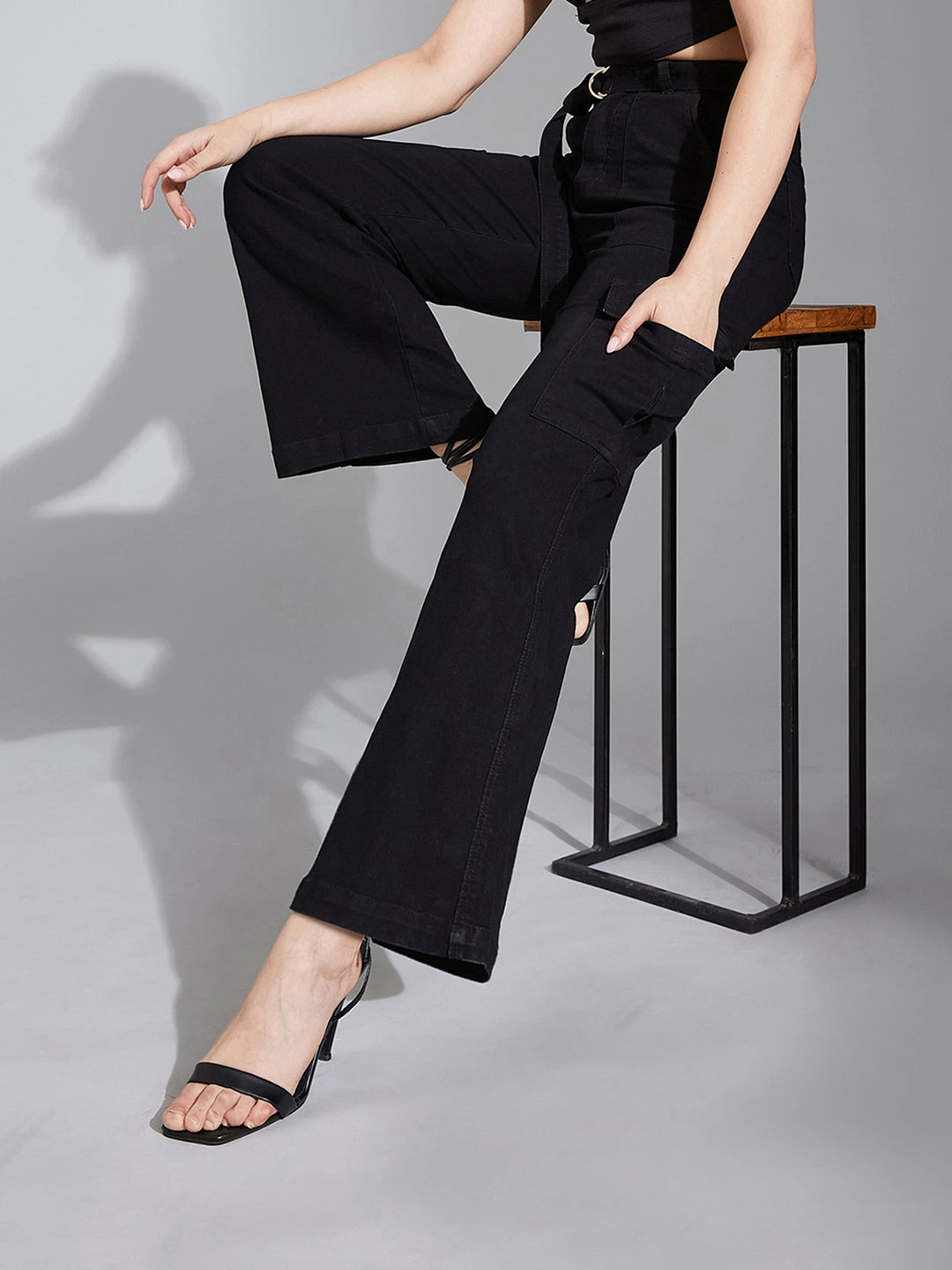 Women's Black Wide-Leg High-Rise Clean-Look Regular Stretchable Denim Jeans Outdoor Adventure Stylish Family Style Smooth Form