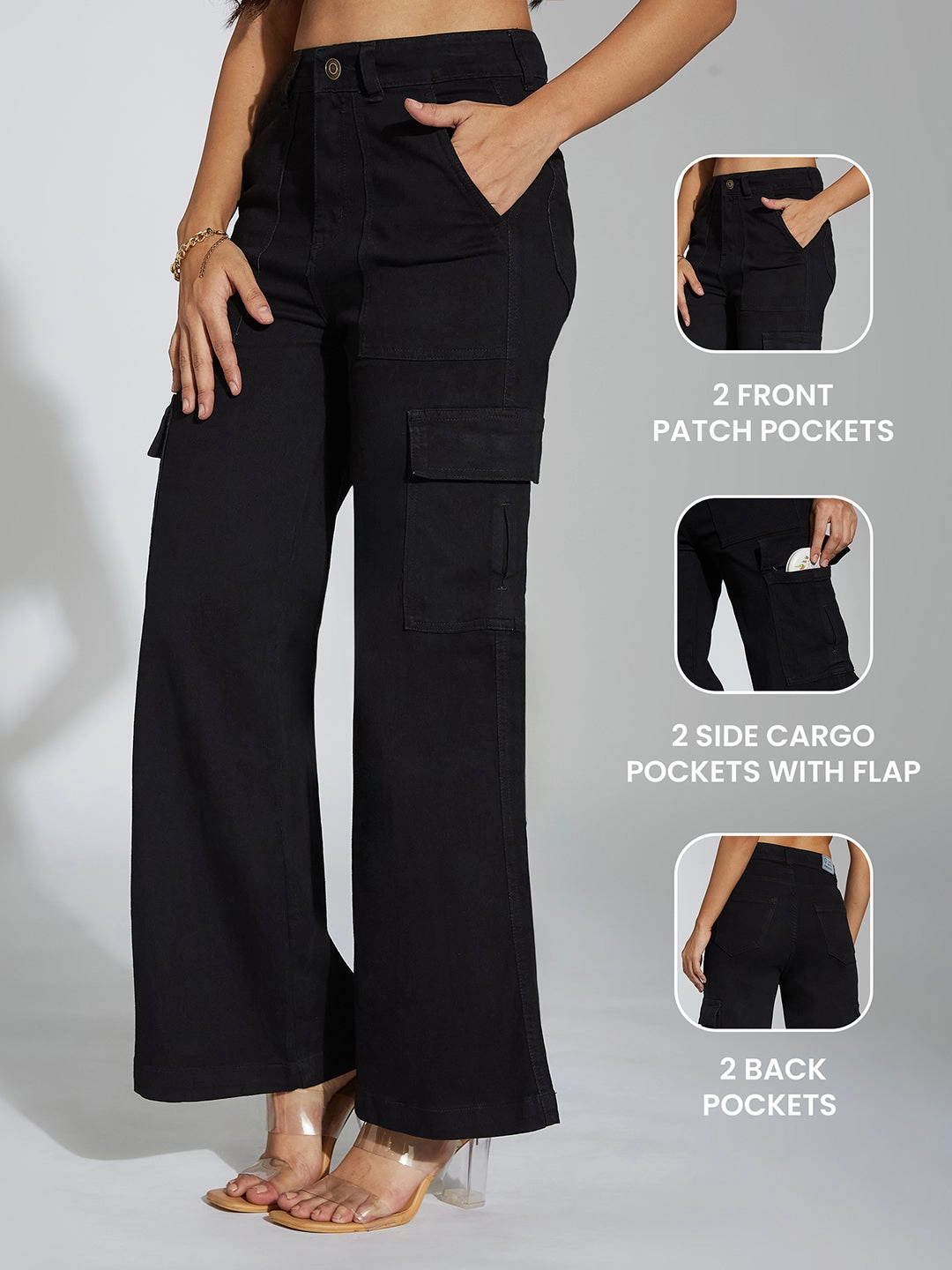 Women's Black Wide-Leg High-Rise Clean-Look Stretchable Denim Cargo Jeans Base Outfit