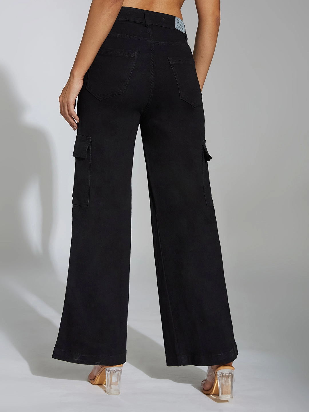 Women's Black Wide-Leg High-Rise Clean-Look Stretchable Denim Cargo Jeans Eco Friendly Fashion Lover Morning Stroll