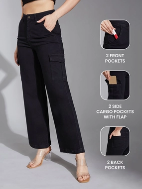 Style Essential Urban appeal Women's Black Wide-Leg High-Rise Clean-Look Stretchable Denim Jeans