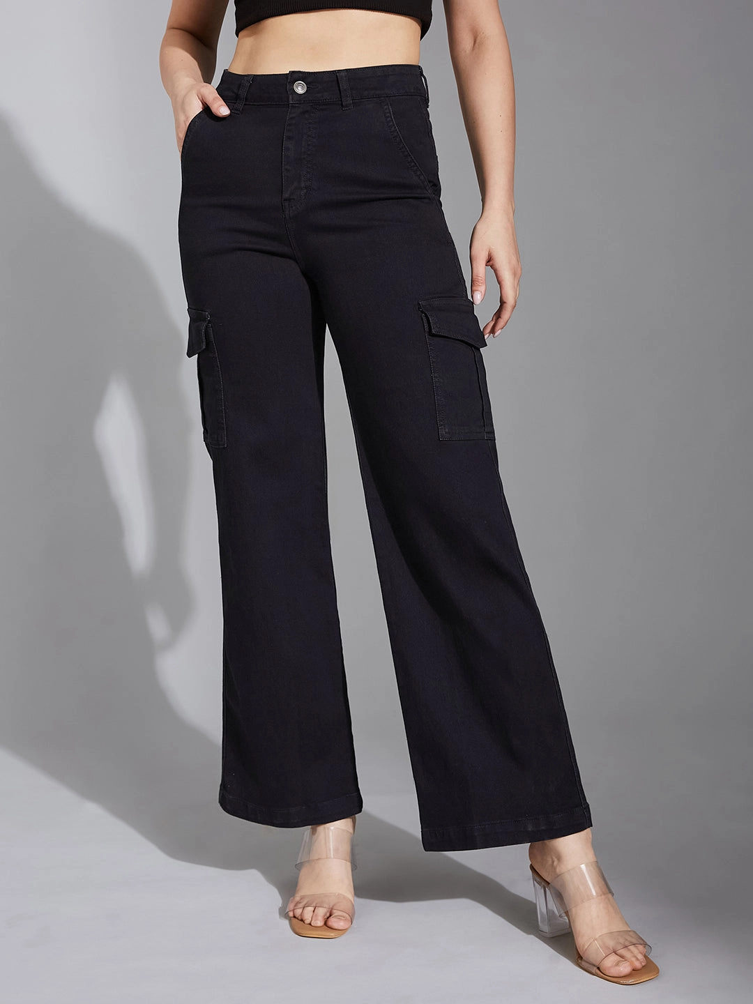 Casual Look Neutral Style Women's Black Wide-Leg High-Rise Clean-Look Stretchable Denim Jeans