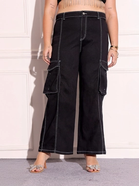 Women's Black Wide-Leg High-Rise Clean-Look Stretchable Patch-Pocketed Denim Jeans Durable Triple Stitched Seams Modern Minimalist Fashion Lover