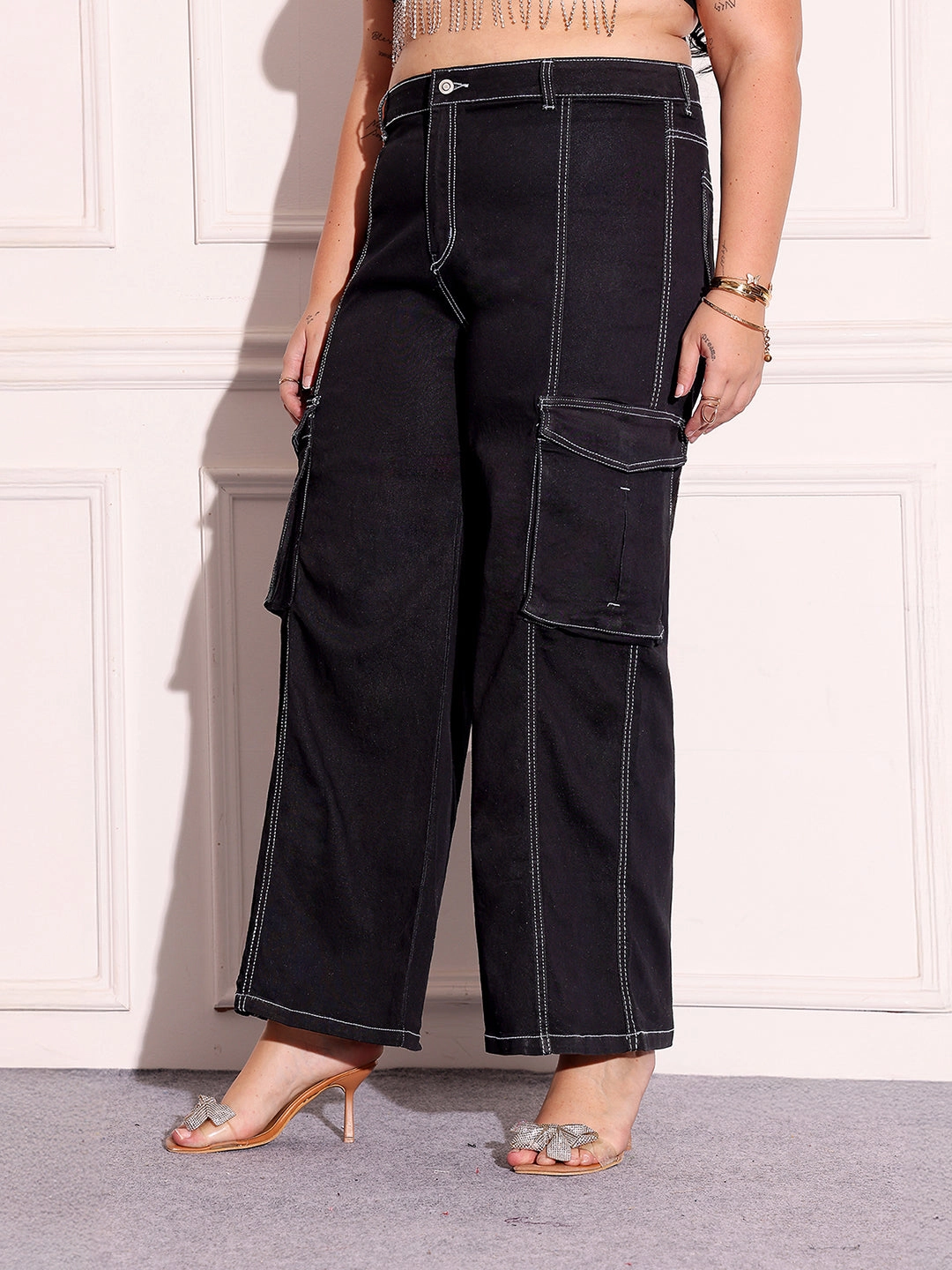 Women's Black Wide-Leg High-Rise Clean-Look Stretchable Patch-Pocketed Denim Jeans Everyday Vibrant
