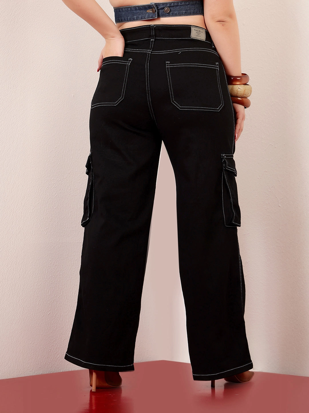 Minimalist Pocket Layout Fit Ready Women's Black Wide-Leg High-Rise Clean-Look Stretchable Patch-Pocketed Denim Jeans