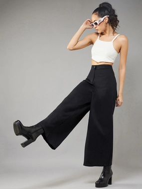 Easy Stretch Fit Women's Black Wide-Leg High-Rise Light Weight Light Weight Culottes Pants
