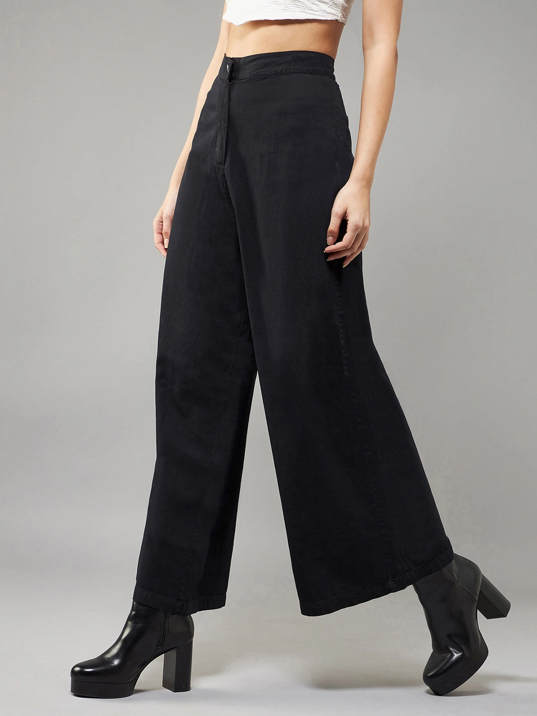 Women's Black Wide-Leg High-Rise Light Weight Light Weight Culottes Pants QuickReleaseBuckle Flex Wear Design