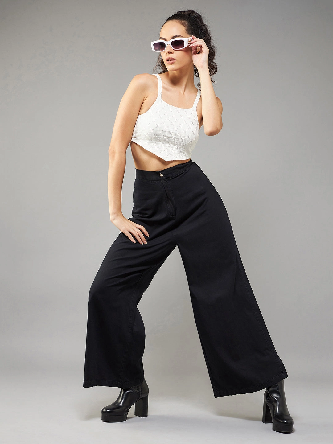 Women's Black Wide-Leg High-Rise Light Weight Light Weight Culottes Pants Layer Ready