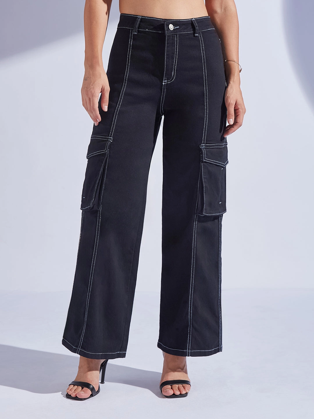 Women's Black Wide-Leg High-Rise Stretchable Patch-Pocketed Denim Jeans Casual Look Go Out Style